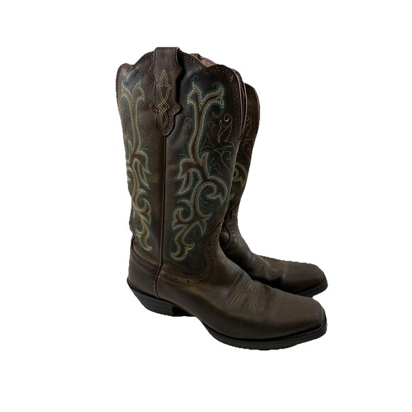 Justin 12" Square Toe Stampede Western Boot Brown Leather Teal Stitch Womens 8 - Picture 1 of 14